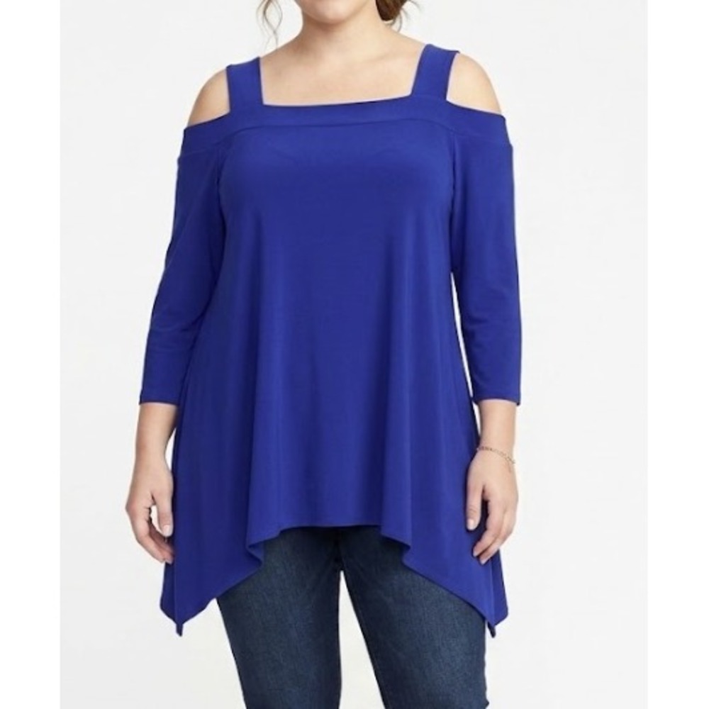 Clara Sun Woo Tunic XL Royal Blue Cold Shoulder Long Sleeve Stretch Knit